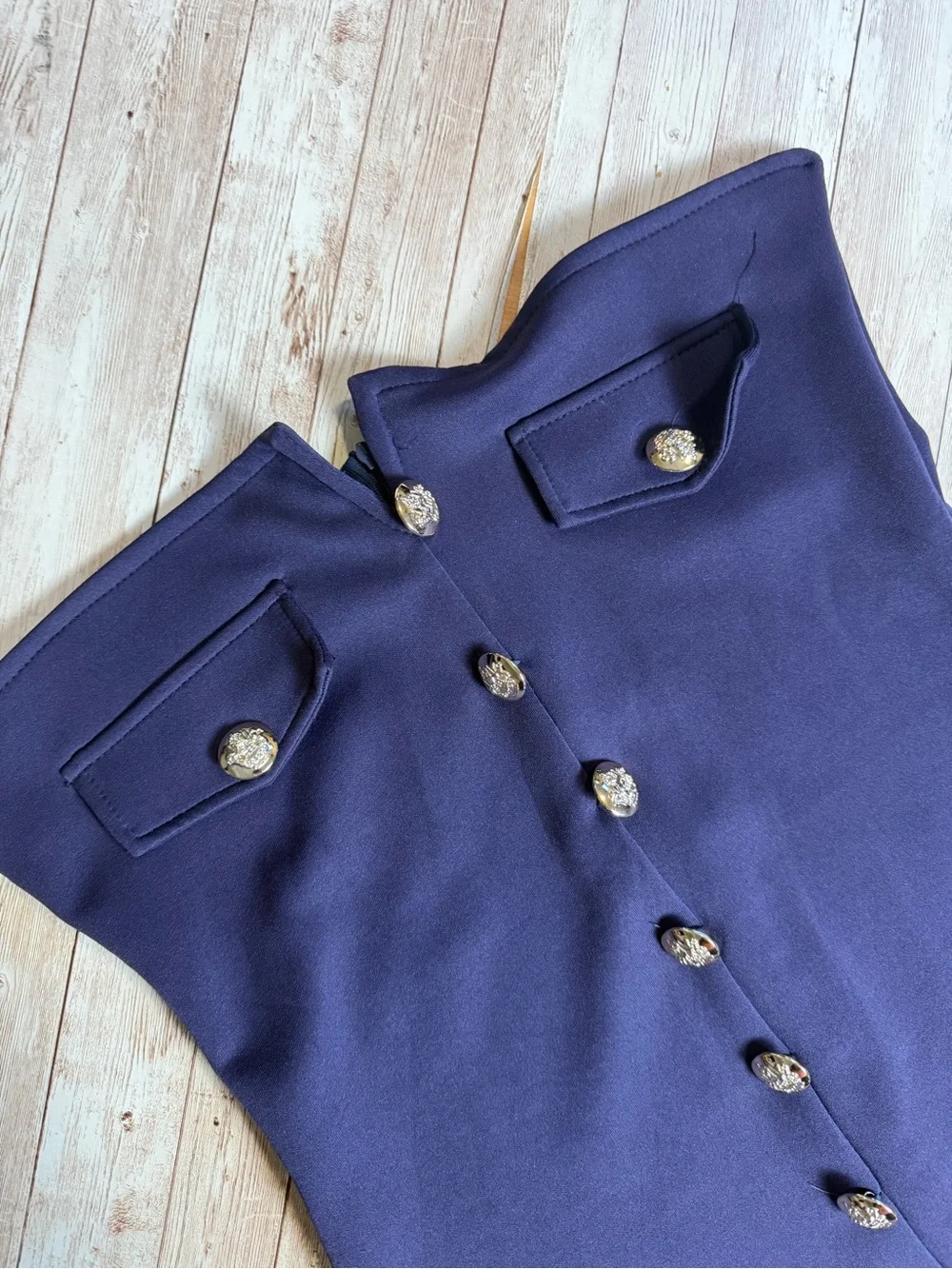 Strapless Navy Button-Front Sheath Dress - Picture 5 of 8